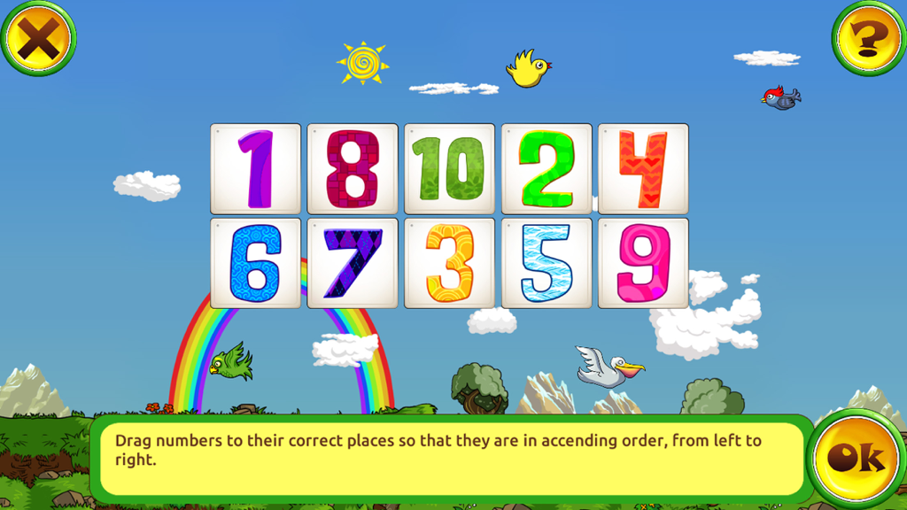 子供向けの教育ゲーム画面で、数字1から10を昇順に並べ替えます。