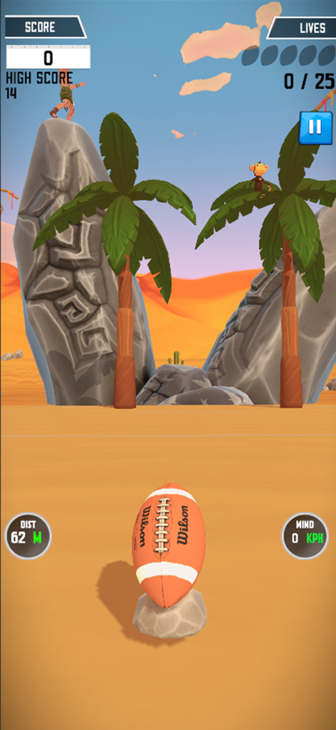 Gameplay of Touchdown 2025 showing a rugby ball ready for a kick in a 3D desert environment with palm trees and stone monuments