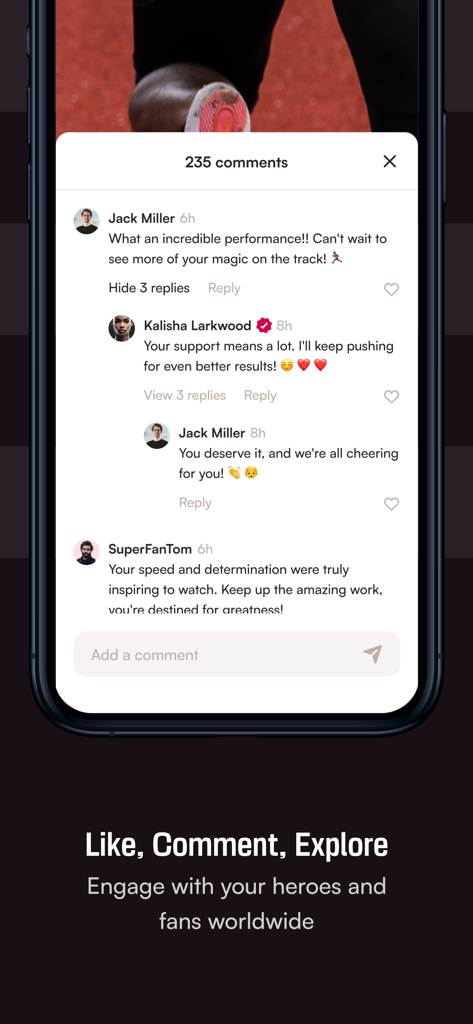 InnerCircle: Athletes First - InnerCircle app screen showing a positive interaction between fans and a verified athlete in the comments section