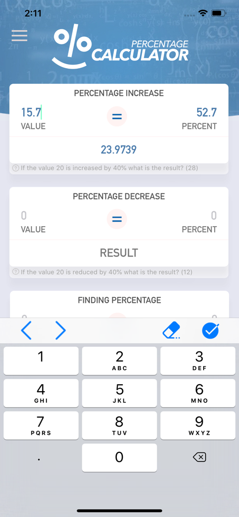 Percentage Calculator Plus - Interface of the Percentage Calculator Plus app showing fields for percentage increase and decrease calculations with a numeric keypad