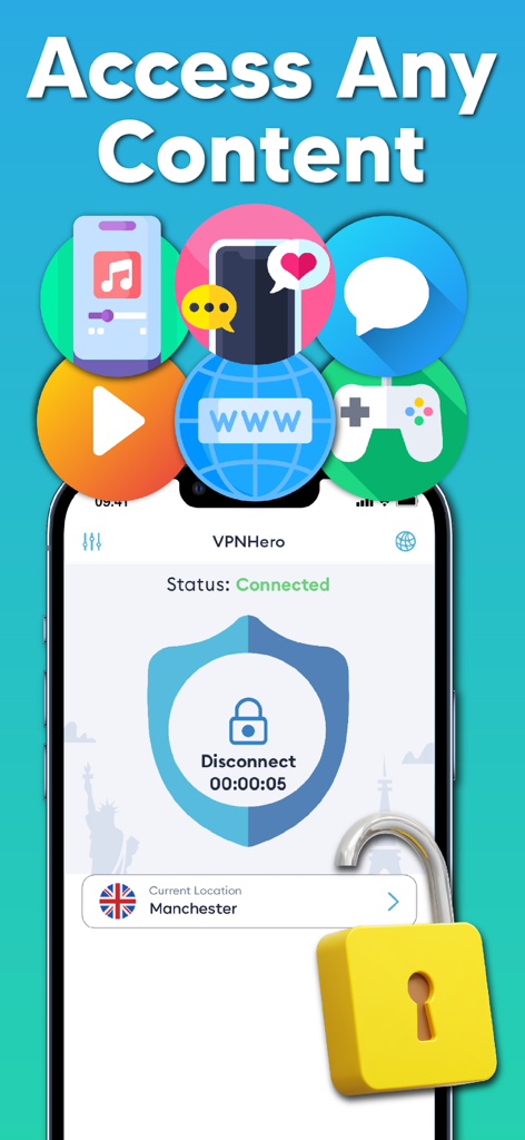 Aplicación VPN Hero en iPhone mostrando una conexión segura a un servidor de Manchester para acceder a contenido global
