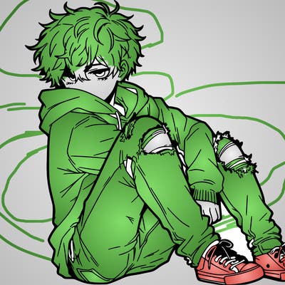 a male hoddie ripped jeans messy hair anime