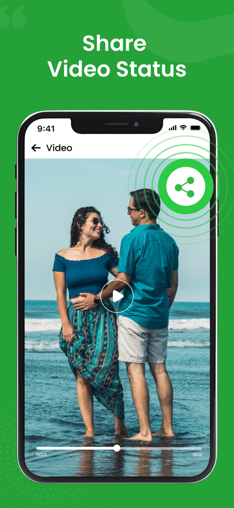 Status Saver - Status Download - A mobile app interface displaying a video of a couple on a beach with a prominent share button for social media statuses.