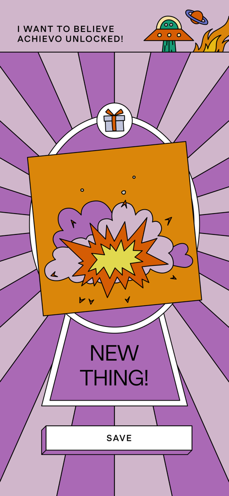 GUBBINS — It's a word game - An achievement unlocked screen in the Gubbins word game featuring a cartoon explosion and a gift icon