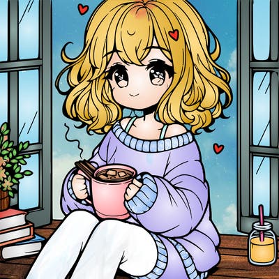 cute anime girl reading book and drinking hot chocolate from mug with loose wavy hair wearing a baggy sweatshirt and shorts sitting by windowsill looking out