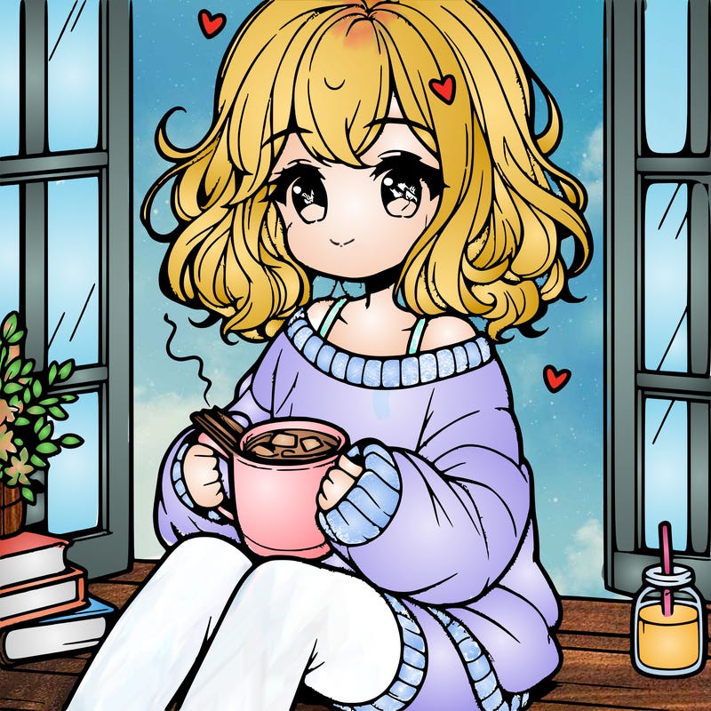cute anime girl reading book and drinking hot chocolate from mug with loose wavy hair wearing a baggy sweatshirt and shorts sitting by windowsill looking out