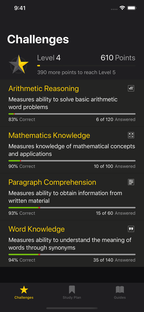 U.S. Army ASVAB Challenge app interface showing progress levels and scores for test categories like arithmetic reasoning and math knowledge.