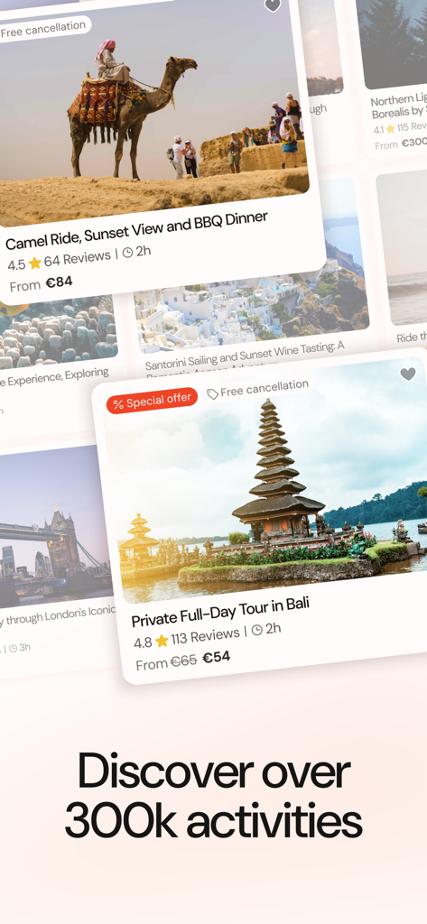 Ready Set Vacation! Countdown - A showcase of travel activity cards in the app including a camel ride in the desert and a private tour in Bali.