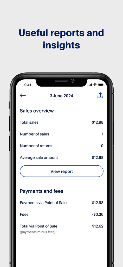 PayPal POS app sales overview screen showing daily reports and payment fees