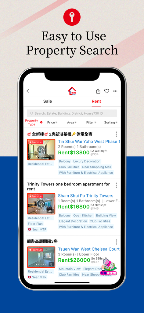 House730 - Search HK Property - House730 app interface showing rental listings for apartments in Hong Kong
