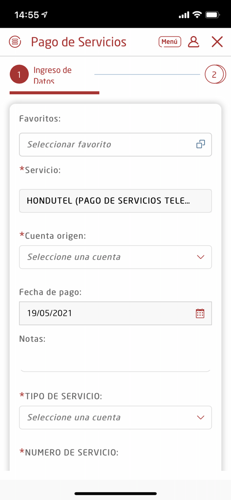 Atlántida Móvil - Service payment screen in the Atlantida Movil app for paying Hondutel bills