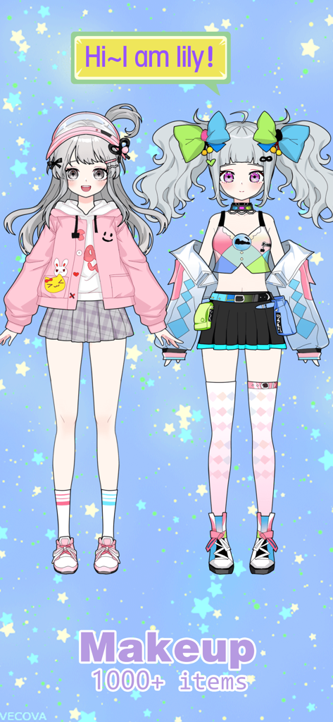 Dos personajes de chicas de anime personalizadas con atuendos y peinados a la moda en Vlinder Princess.