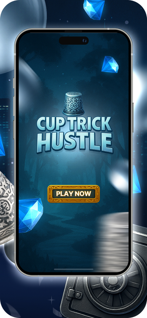 Cup Trick Hustle - Main menu of the Cup Trick Hustle mobile game showing the title and a Play Now button