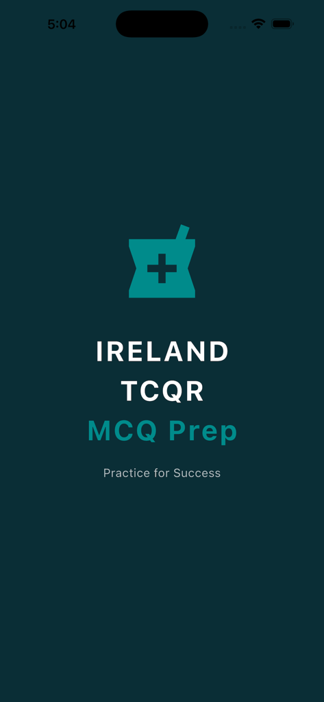 Ireland TCQR MCQ Prep - Splash screen of the Ireland TCQR MCQ Prep pharmacy exam preparation app featuring a pharmacy icon