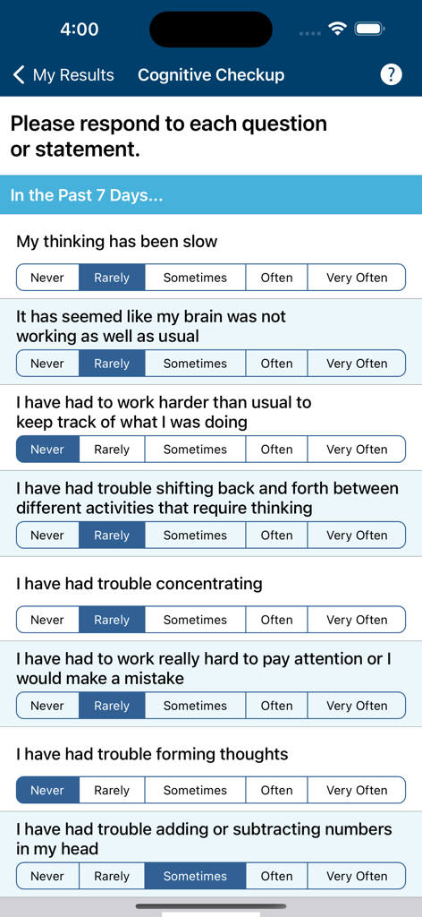 MSAA—My MS Manager - Cognitive checkup questionnaire in the My MS Manager app for tracking cognitive health symptoms