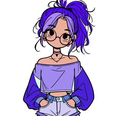 girl with a messy ponytail glasses a baggy crop top and jean shorts