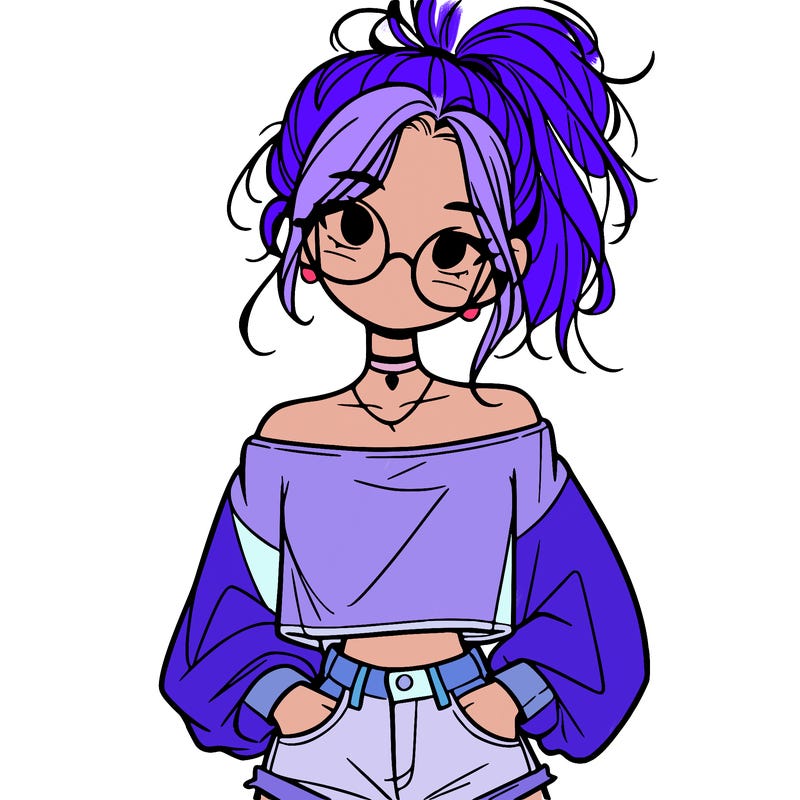 girl with a messy ponytail glasses a baggy crop top and jean shorts