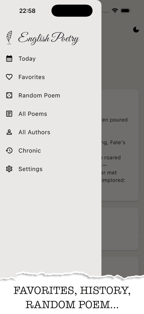 English Poetry Collection - The side navigation menu of the English Poetry app showing options for Today, Favorites, Random Poem, and Authors.