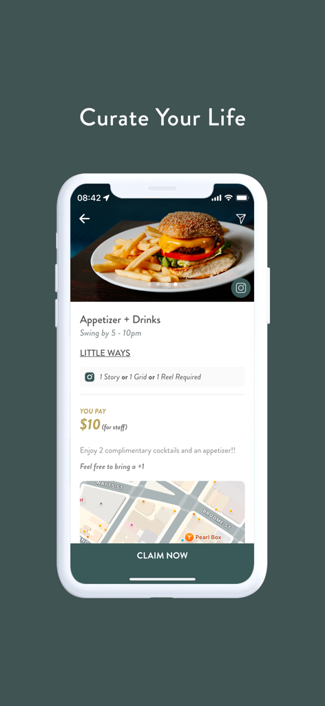 Neon Coat - Neon Coat app screenshot showing a dining offer for creators requiring social media content exchange.