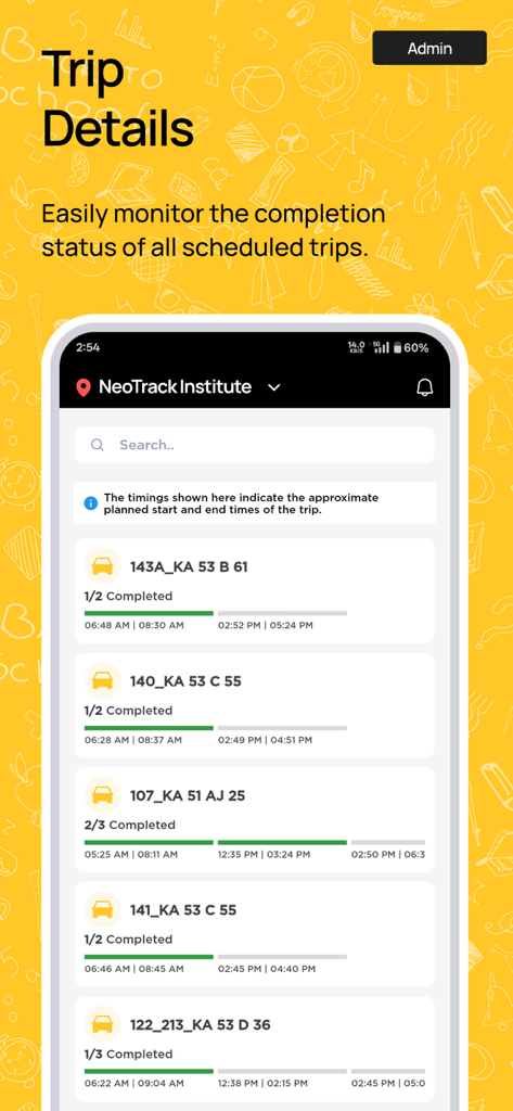 NeoTrack - School Bus Tracking - NeoTrack app interface showing real-time trip completion status and scheduled timings for multiple school buses