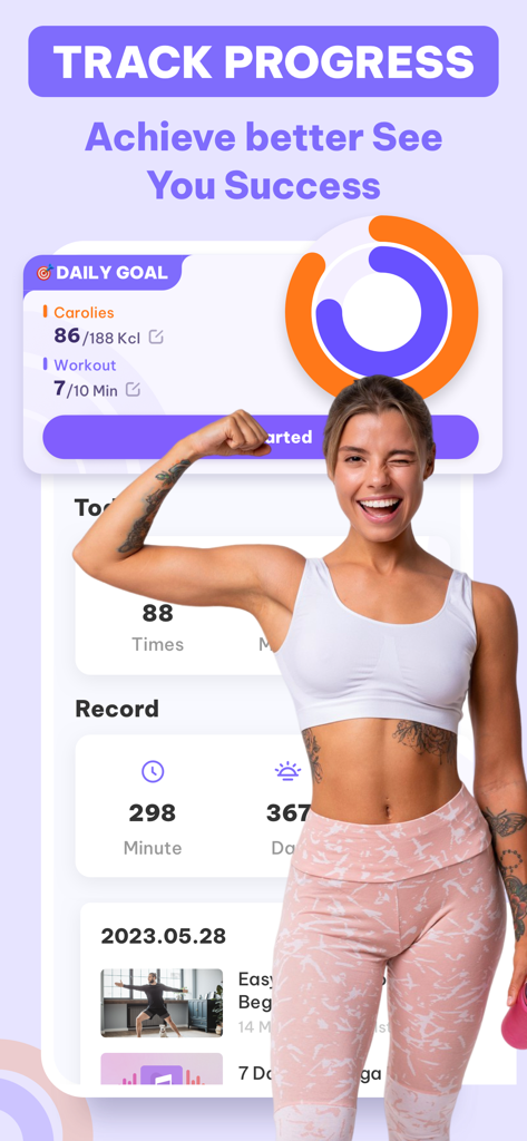 フィットネスの進捗状況を追跡するDaily Yogaアプリのインターフェースと、筋肉を flex する女性