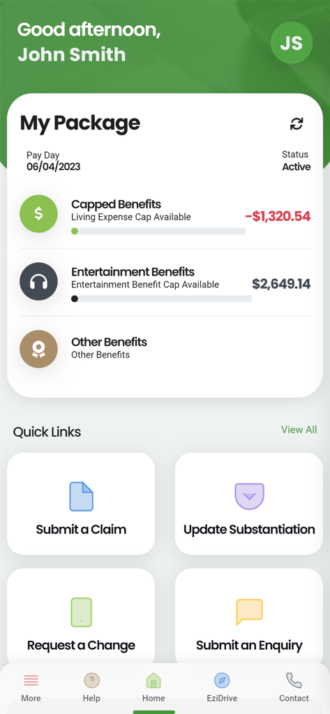 MyEziwayAccount - Dashboard of MyEziwayAccount app showing salary packaging benefits and account balances