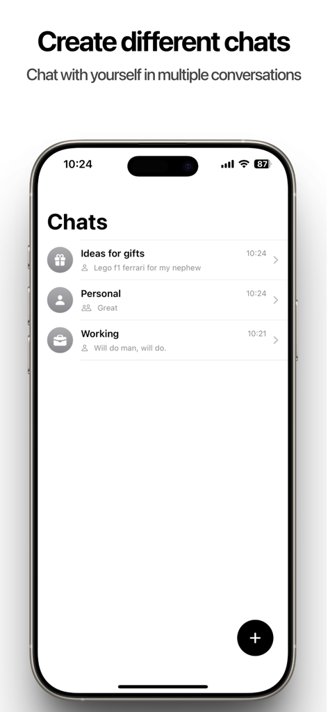 선물 아이디어 및 업무와 같은 여러 자체 대화 범주가 있는 SoloType 앱 채팅 목록을 보여주는 iPhone 화면