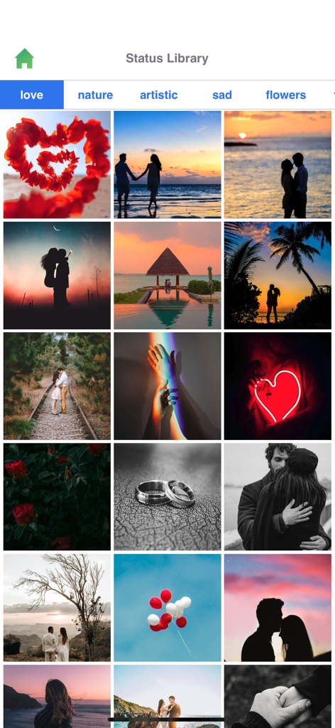 Status Saver Video Photo Save - Status Library showing various romantic images for WhatsApp statuses