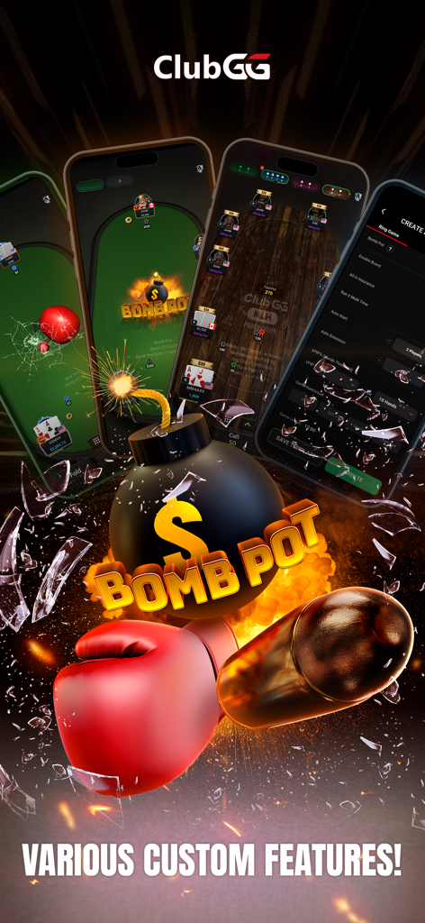 Pantalla promocional de la aplicación ClubGG Poker mostrando varias funciones personalizadas, incluido el modo Bomb Pot.