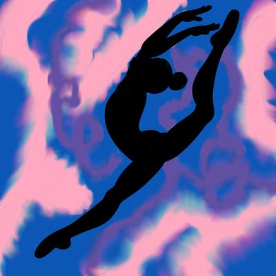 gymnast doing a leap in a leotard with a bent back leg