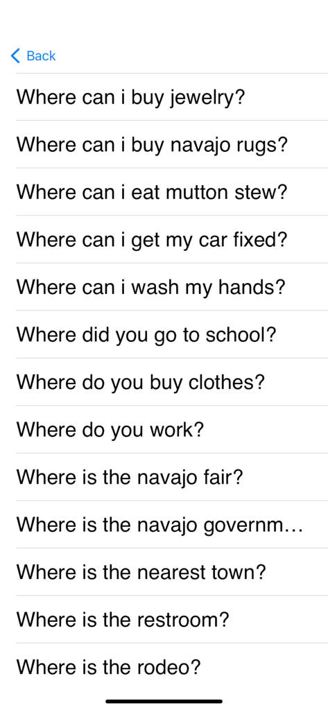Una captura de pantalla que muestra una lista de frases comunes en inglés para traducción en la aplicación móvil Speak Navajo Language.