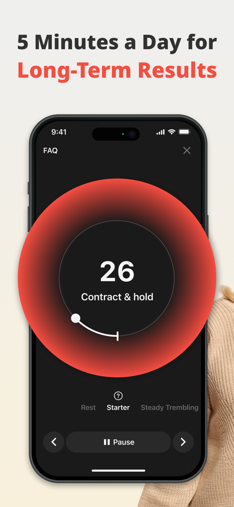 Kegel Master: men’s exercises - Kegel Master App-Oberfläche, die einen Timer für Beckenbodenübungen mit Anweisungen zum Anspannen und Halten zeigt