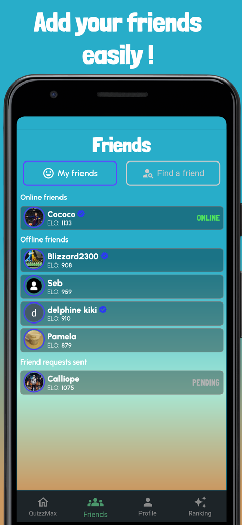 QuizzMax -The Multiplayer Quiz - Die Freundesliste in QuizzMax zeigt Online- und Offline-Freunde mit ihren Wettkampf-ELO-Punkten.