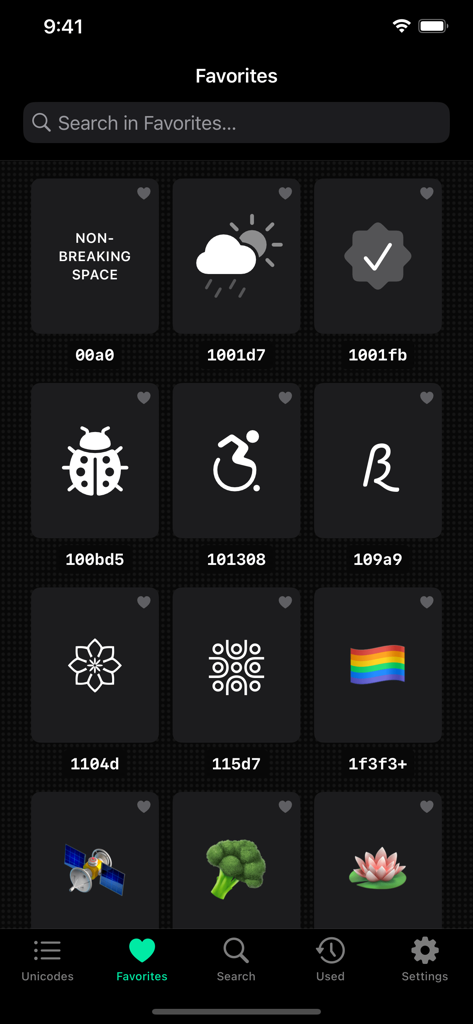 Visão de favoritos do aplicativo Codepoint exibindo uma grade de símbolos e emojis salvos com seus códigos hexadecimais unicode.