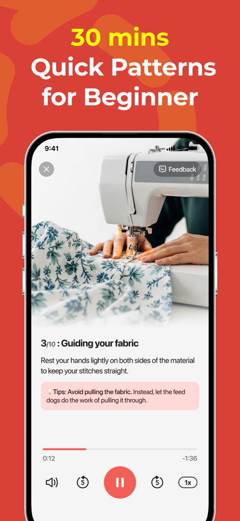 SewPal - Sewing Guides & Ideas - Schermata dell'app SewPal che mostra un tutorial di cucito per principianti su come guidare il tessuto attraverso una macchina da cucire
