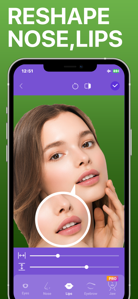 BeautyTune - Blemish Remover - Interfaz de la aplicación BeautyTune mostrando la función de remodelación de nariz y labios en el retrato de una mujer