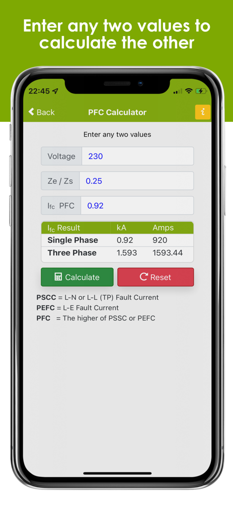 Interface of the Fault Current Calculator app showing PFC calculation results for single and three phase electrical systems.