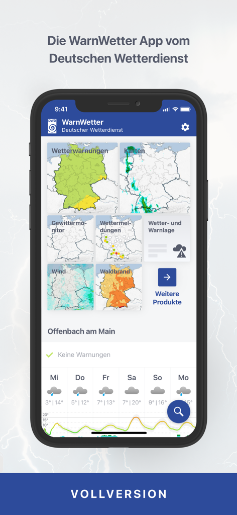 DWD WarnWetter - DWD WarnWetter app interface showing weather warning maps and a seven day forecast