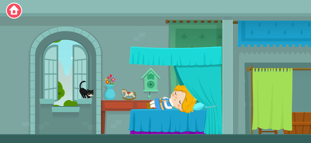 Il personaggio del Piccolo Principe che dorme in un letto a baldacchino blu all'interno di una stanza del castello.