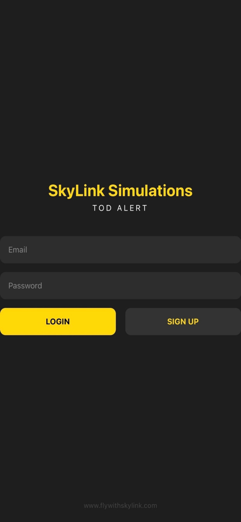 Login screen for the Skylink TOD Alert flight simulation companion app