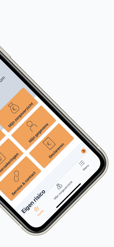 Main menu interface of the VvAA health insurance mobile app with orange tiles for claims and personal data