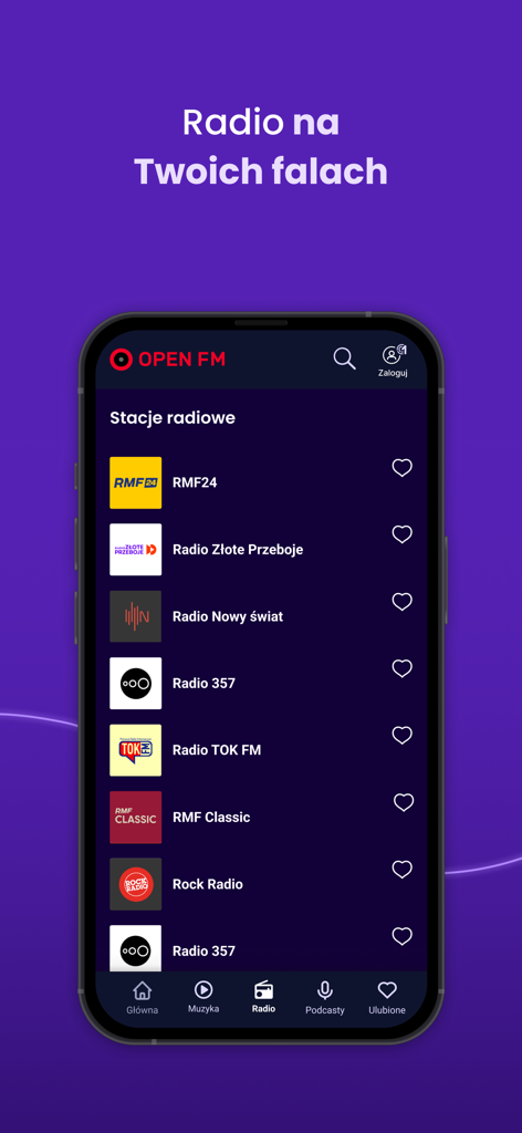 Open FM - Smartphone screen showing a list of Polish radio stations in the Open FM app interface