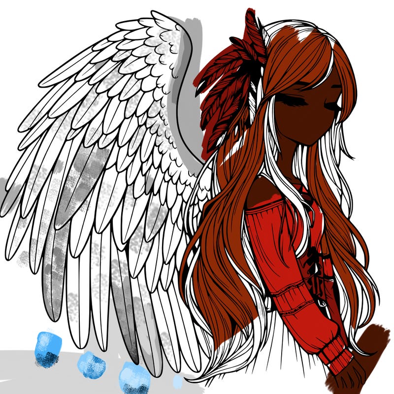 realistic girl with bird wings and some feathers in her hair