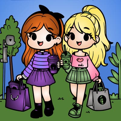 two girls at the mall with starbucks and bags of stuff