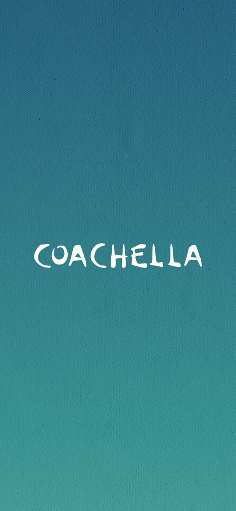 Le nom de marque Coachella en lettres stylisées blanches centrées sur un dégradé texturé bleu sarcelle et vert.