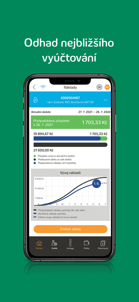innogy innosvět - Innogy innosvět app screen showing energy costs overview and predicted billing