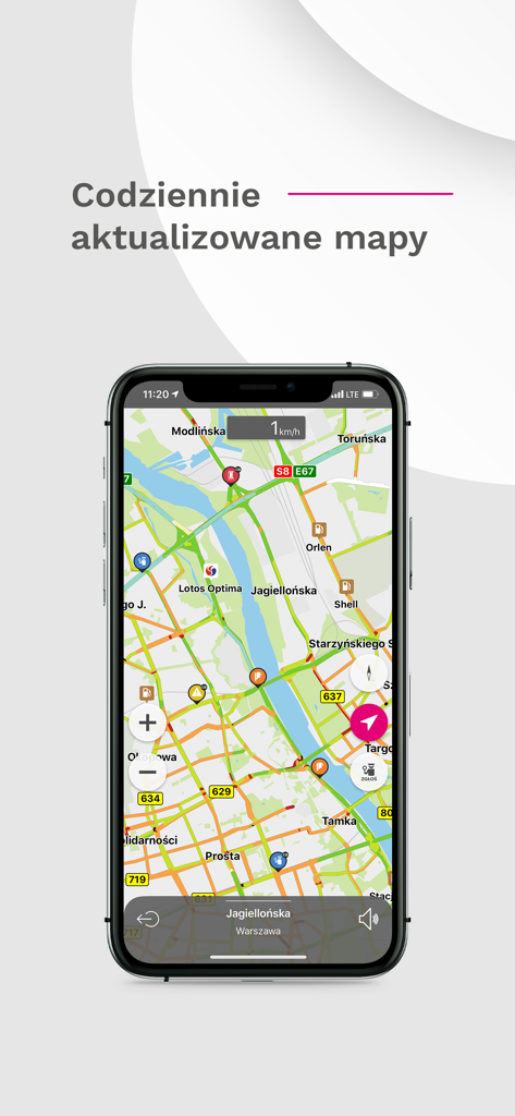 Pantalla de la aplicación Nawigacja T-Mobile que muestra un mapa detallado de calles con información de tráfico y puntos de interés locales