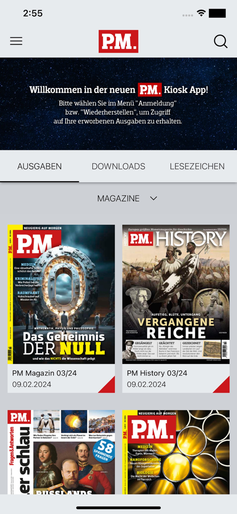 Digital newsstand interface of the PM Magazin app showing science and history magazine covers