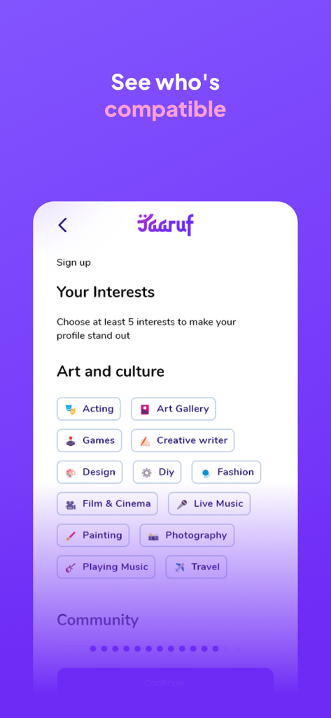 The interests selection screen of the Hijra Taaruf Muslim matchmaking app showing various tags for art and culture like photography and travel