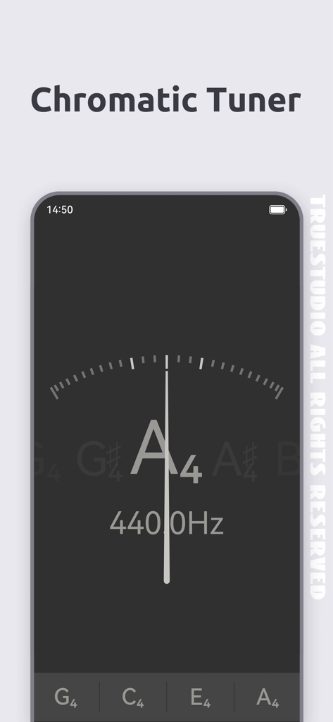 Ukulele Tuner - TrueStudio - Un'interfaccia di accordatore cromatico professionale per ukulele che mostra un ago di accordatura preciso per la nota La4 a 440Hz